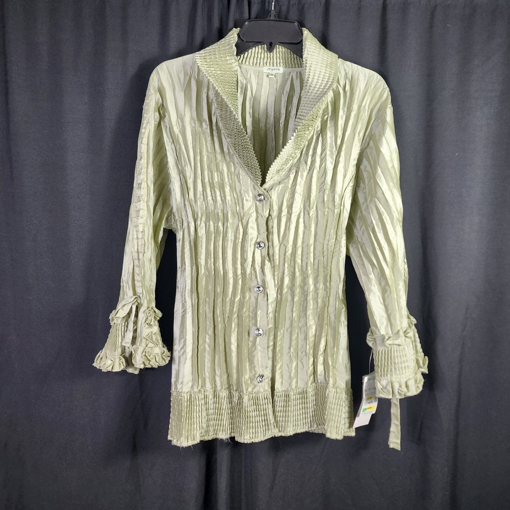 1X Sage Green Pleated Rhinestone Button Blouse Lace Up Corset‎ Back Fairycore